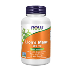 NOW brand white bottle with orange label and purple cap containing 500 mg Lion's Mane mushroom supplement 60 veg capsules