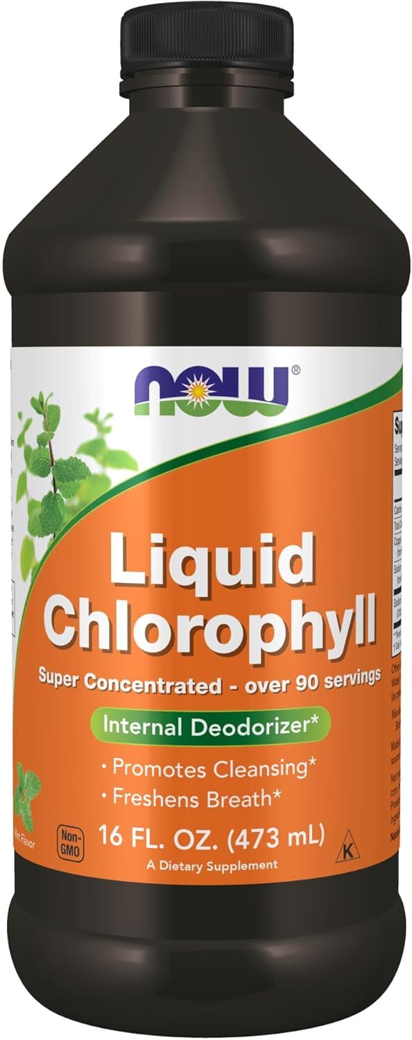 NOW Foods Liquid Chlorophyll Mint Flavor in 16 FL OZ bottle for internal cleansing and fresh breath