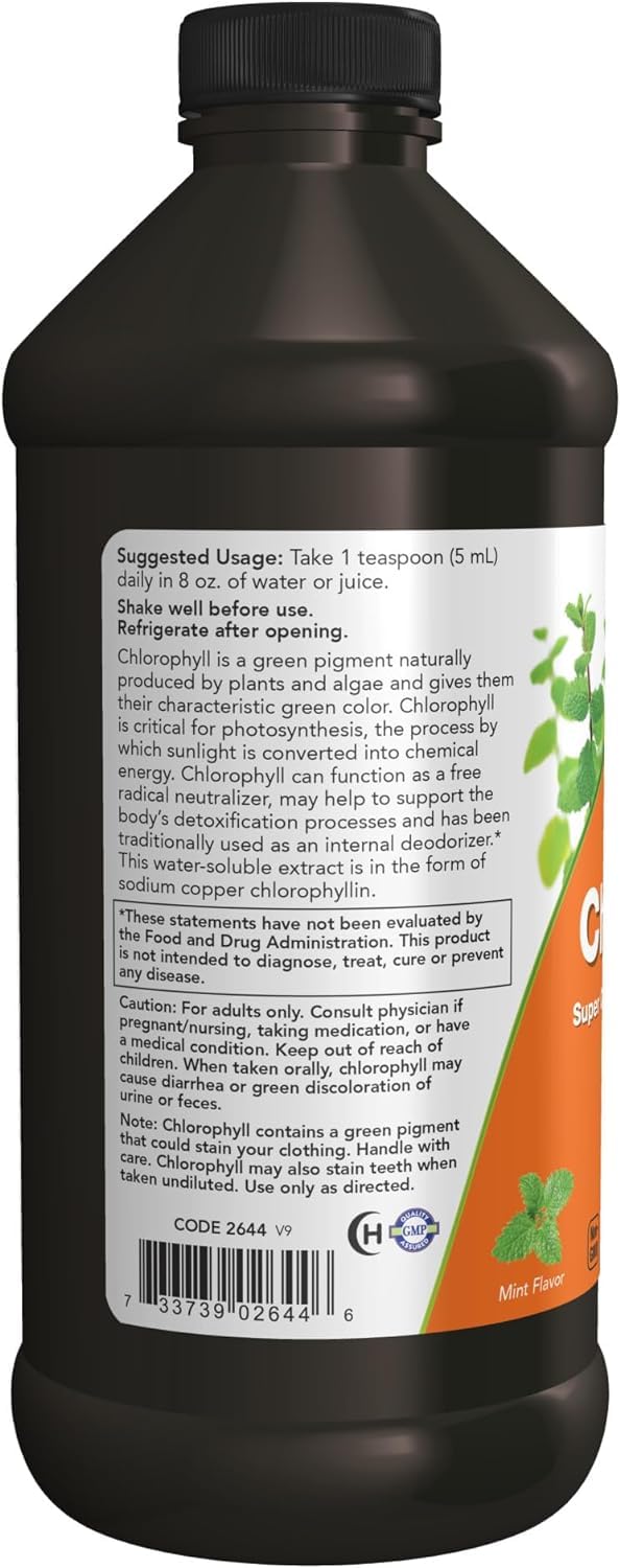 NOW Foods Liquid Chlorophyll Mint Flavor in a dark bottle for refreshing health benefits