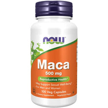 Maca supplement bottle with orange label and dark blue cap, 500 mg veg capsules
