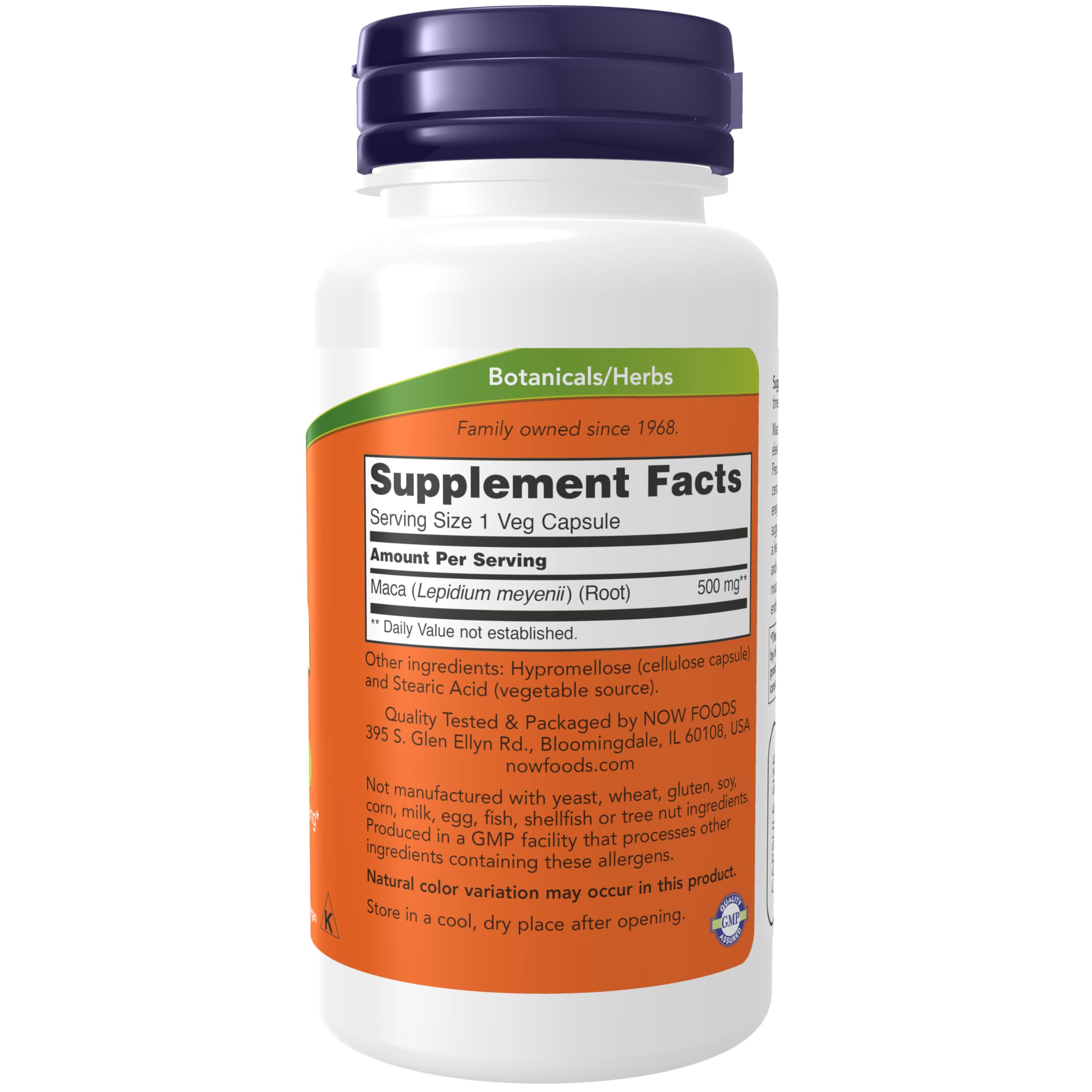 NOW Herbal Supplements white bottle with purple cap showing Supplement Facts Maca 500mg capsules UAE label