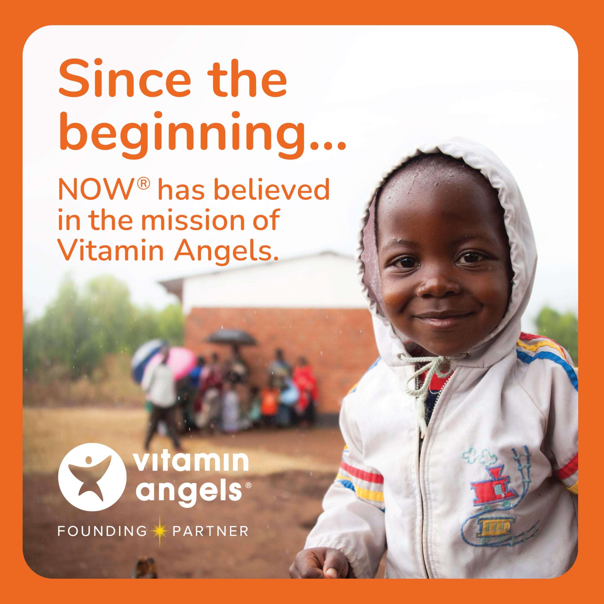NOW Vitamin Angels charity image with smiling child and partnership message Maca 500mg capsules UAE