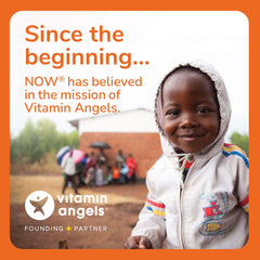 NOW Vitamin Angels charity image with smiling child and partnership message Maca 500mg capsules UAE