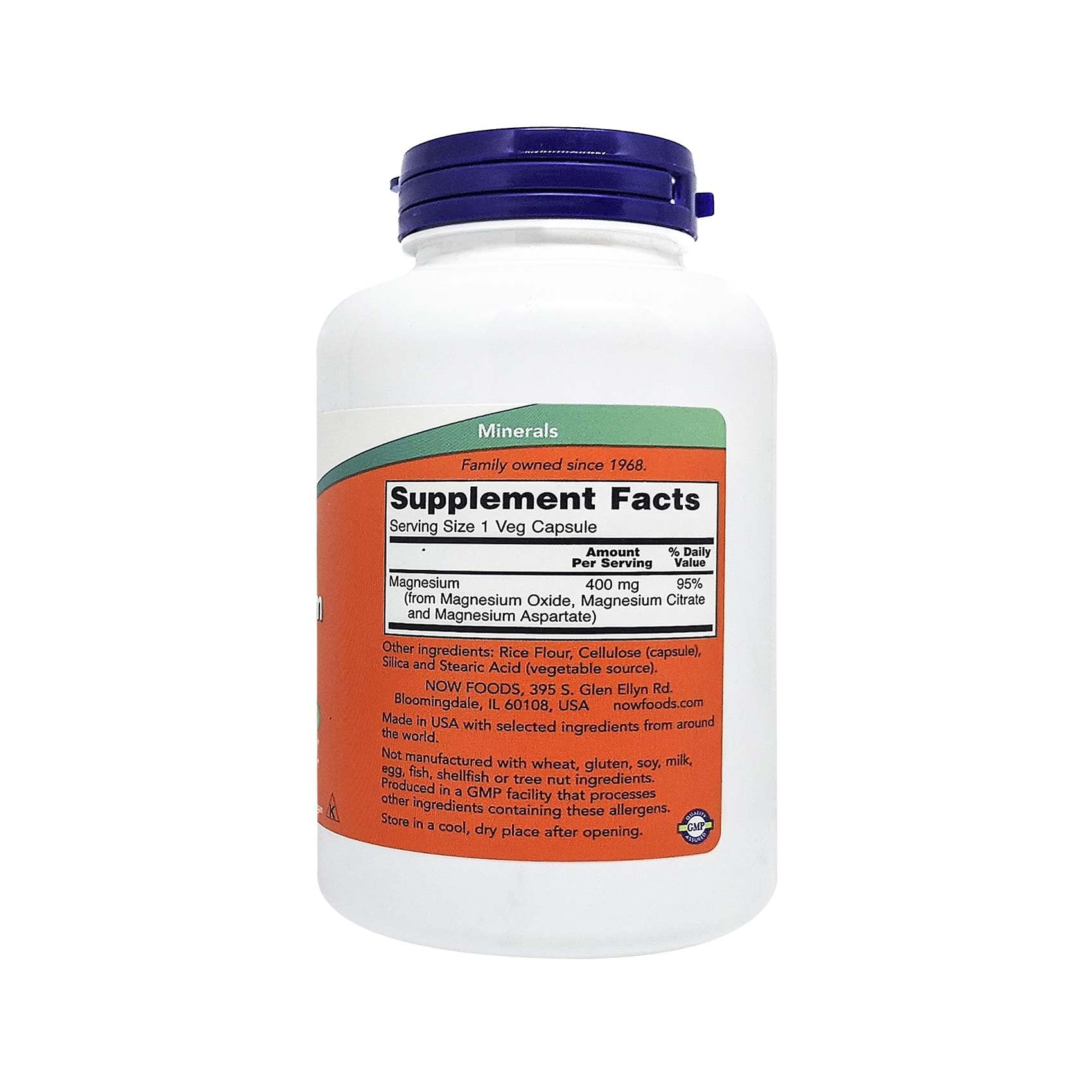 NOW magnesium 400 mg capsules UAE white supplement bottle with purple cap and supplement facts label