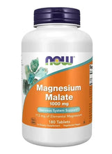NOW magnesium malate dietary supplement bottle, dark cap, front label 1000 mg, 180 tablets