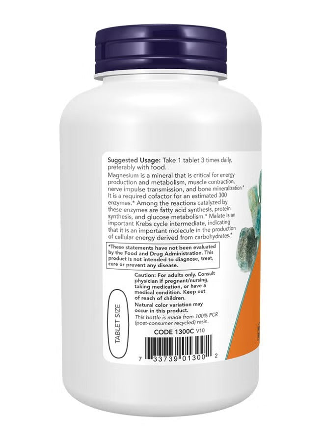 NOW Foods Magnesium Malate 1000mg tablets in a white bottle with detailed supplement information