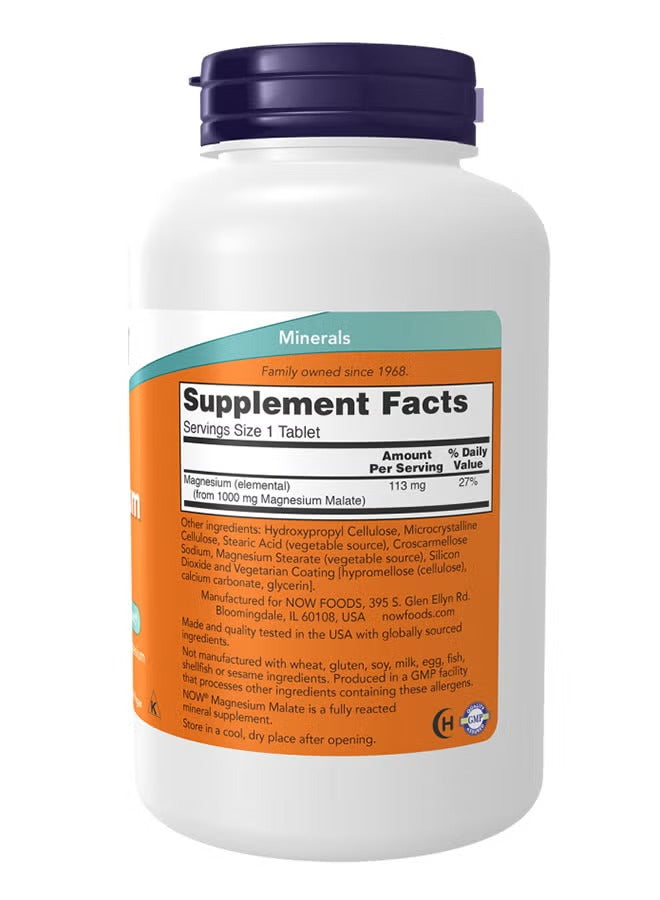 NOW Foods Magnesium Malate 1000mg tablets in a white bottle with an orange label detailing supplement facts