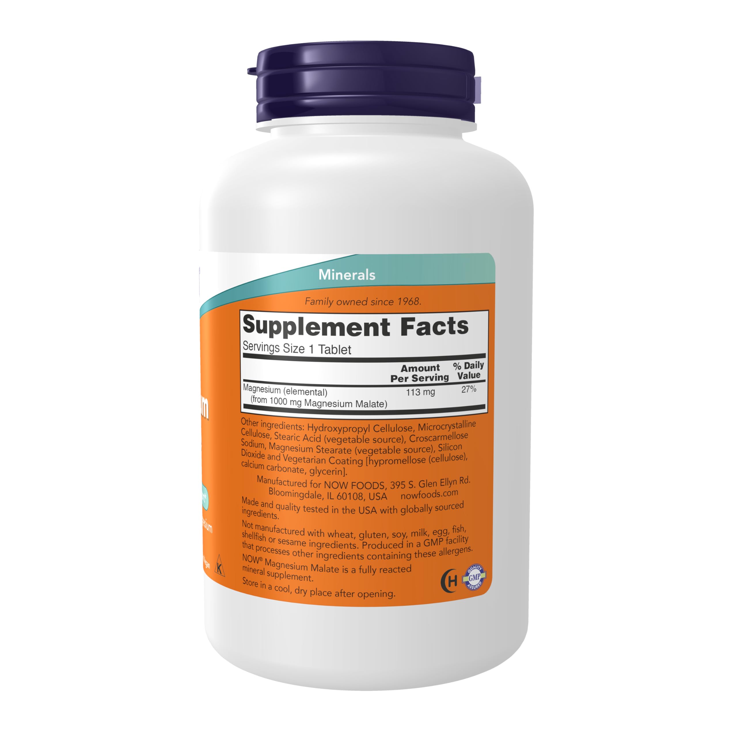 NOW white supplement bottle with purple cap showing supplement facts label magnesium malate supplements 1000mg