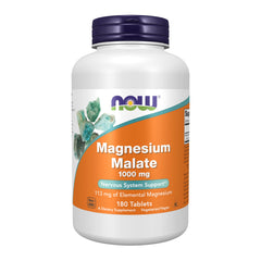 NOW Magnesium Malate supplement bottle 180 tablets with orange label for nervous system support magnesium malate supplements 1000mg
