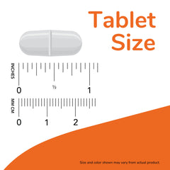 NOW tablet size image showing white oblong pill next to rulers for magnesium malate supplements 1000mg