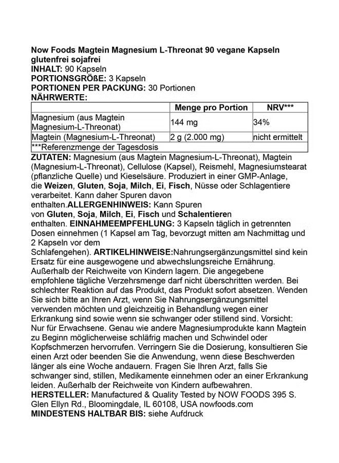 NOW Foods Magtein Magnesium L-Threonate capsules in vegan 90-count packaging for nutrient support