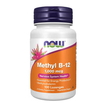 Now Foods Methyl B-12 supplement bottle with purple cap and orange label, 1000 mcg