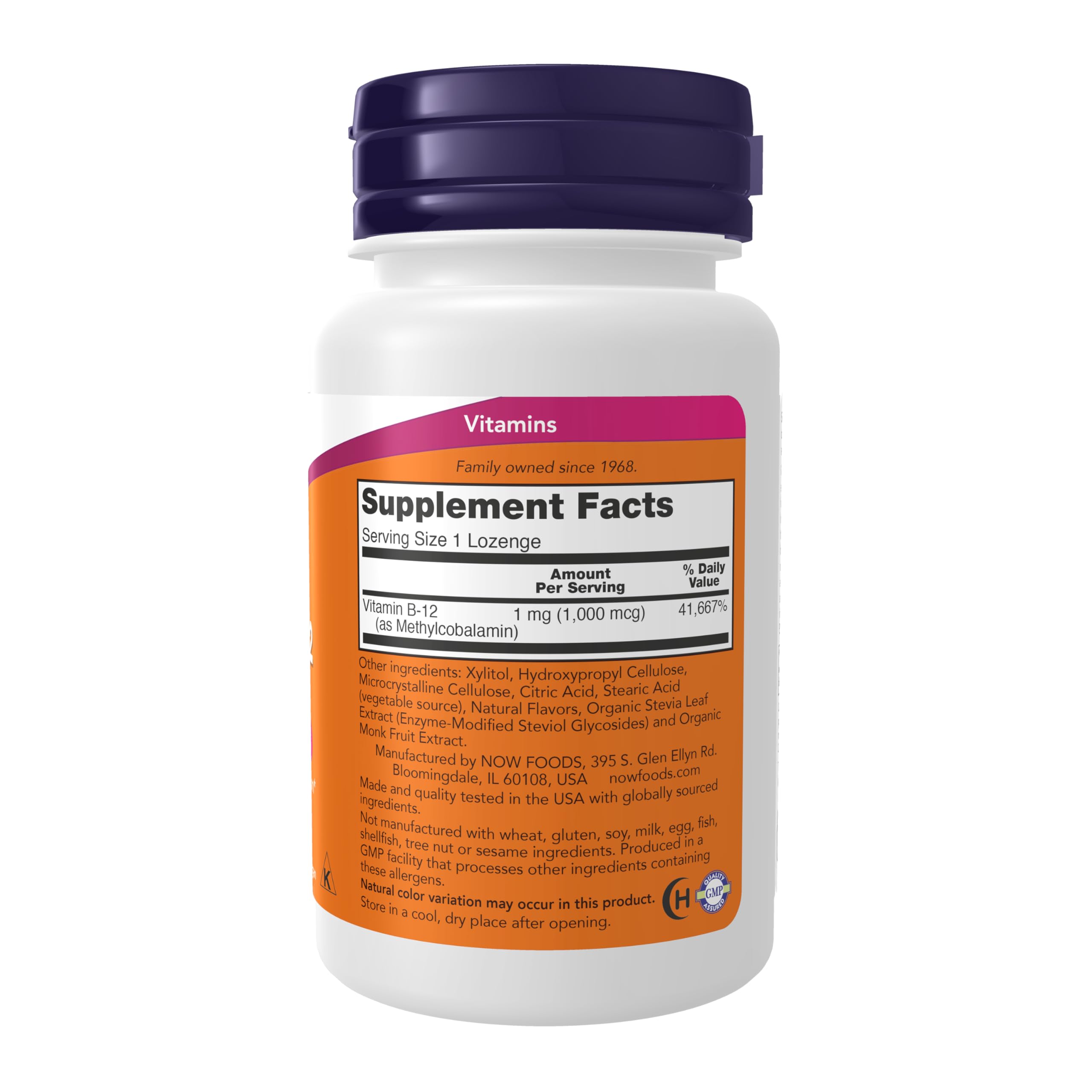 NOW white supplement bottle with purple cap showing Supplement Facts label for Methyl B-12 1000 mcg lozenges