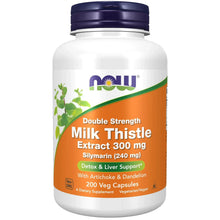 NOW milk thistle supplement bottle with Double Strength label and 200 veggie capsules