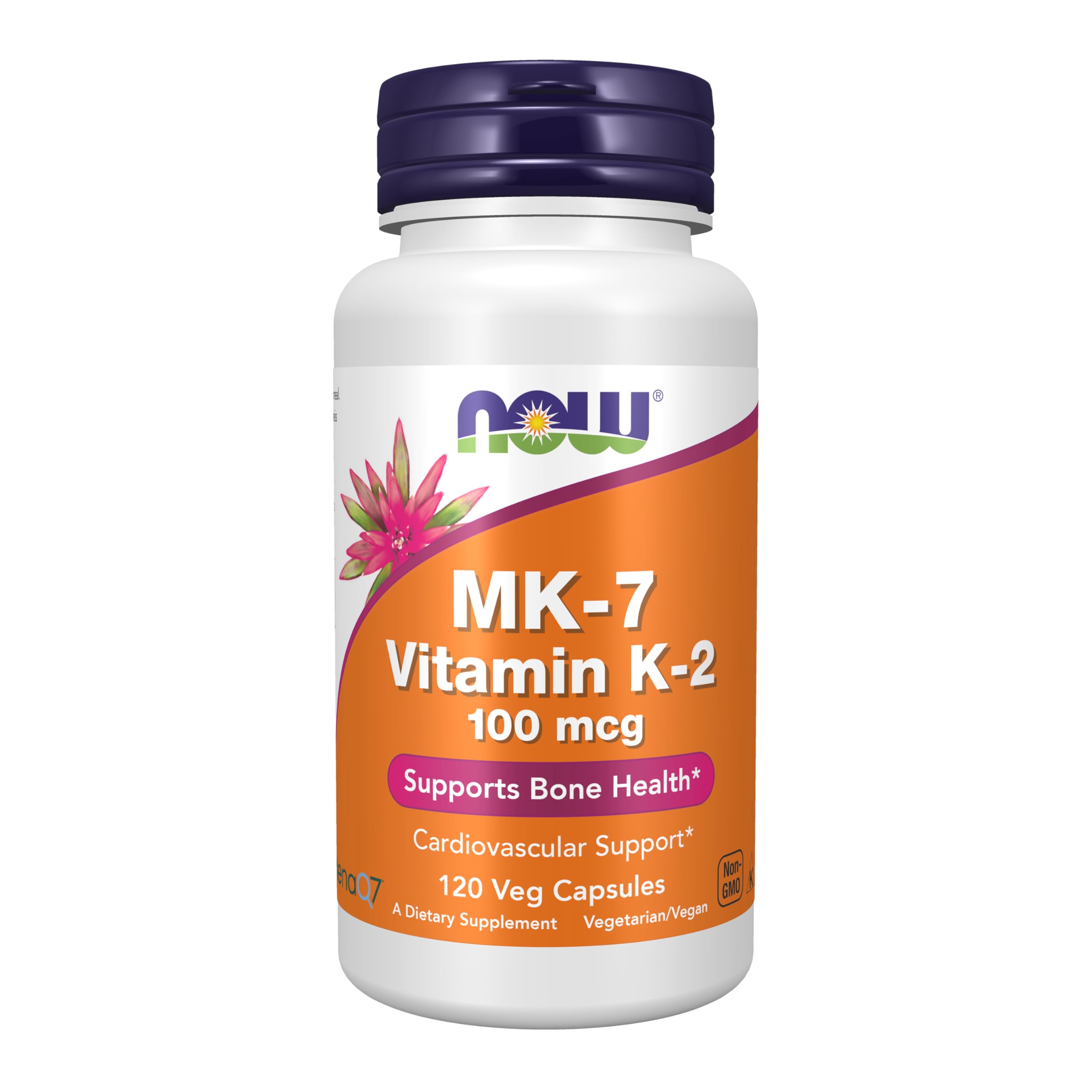 NOW bottle of MK-7 Vitamin K2 supplement 100 mcg 120 veg capsules supports bone and cardiovascular health