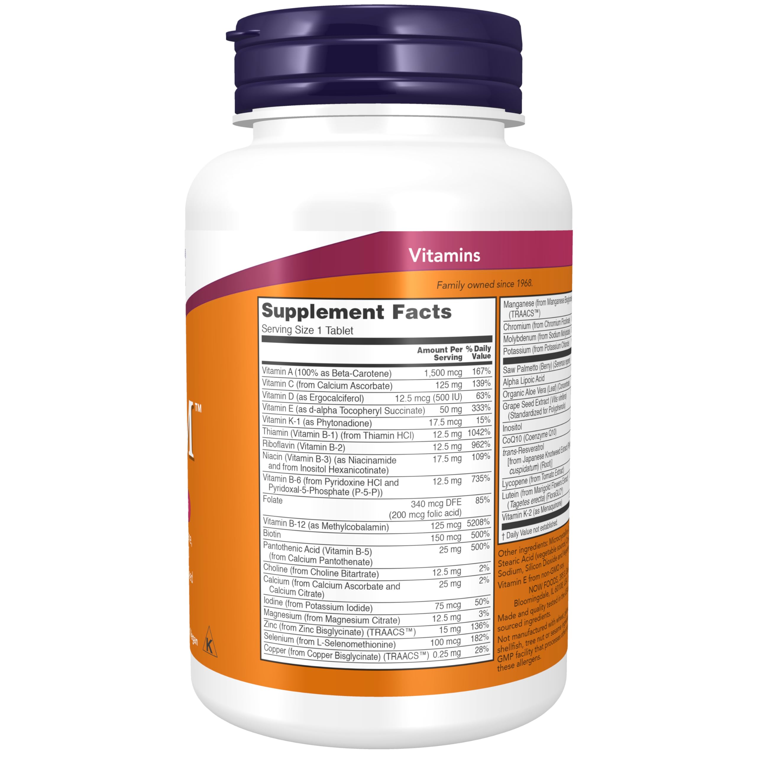 NOW multivitamin for men white bottle showing supplement facts label and purple cap