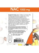 NAC 1000 mg supplement label with usage text, barcode, and tablets image