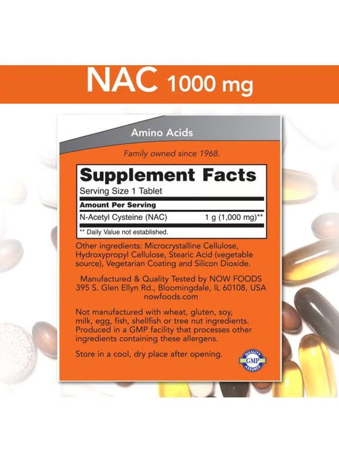 NOW Foods NAC 1000 mg supplement label with ingredients and serving information