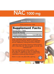 NOW Foods NAC 1000 mg supplement label with ingredients and serving information