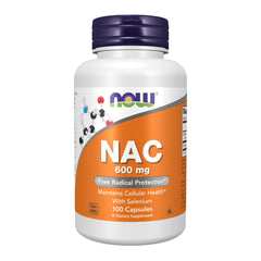 NOW Foods NAC 600 mg supplement in a bottle with 100 capsules for cellular health and free radical protection
