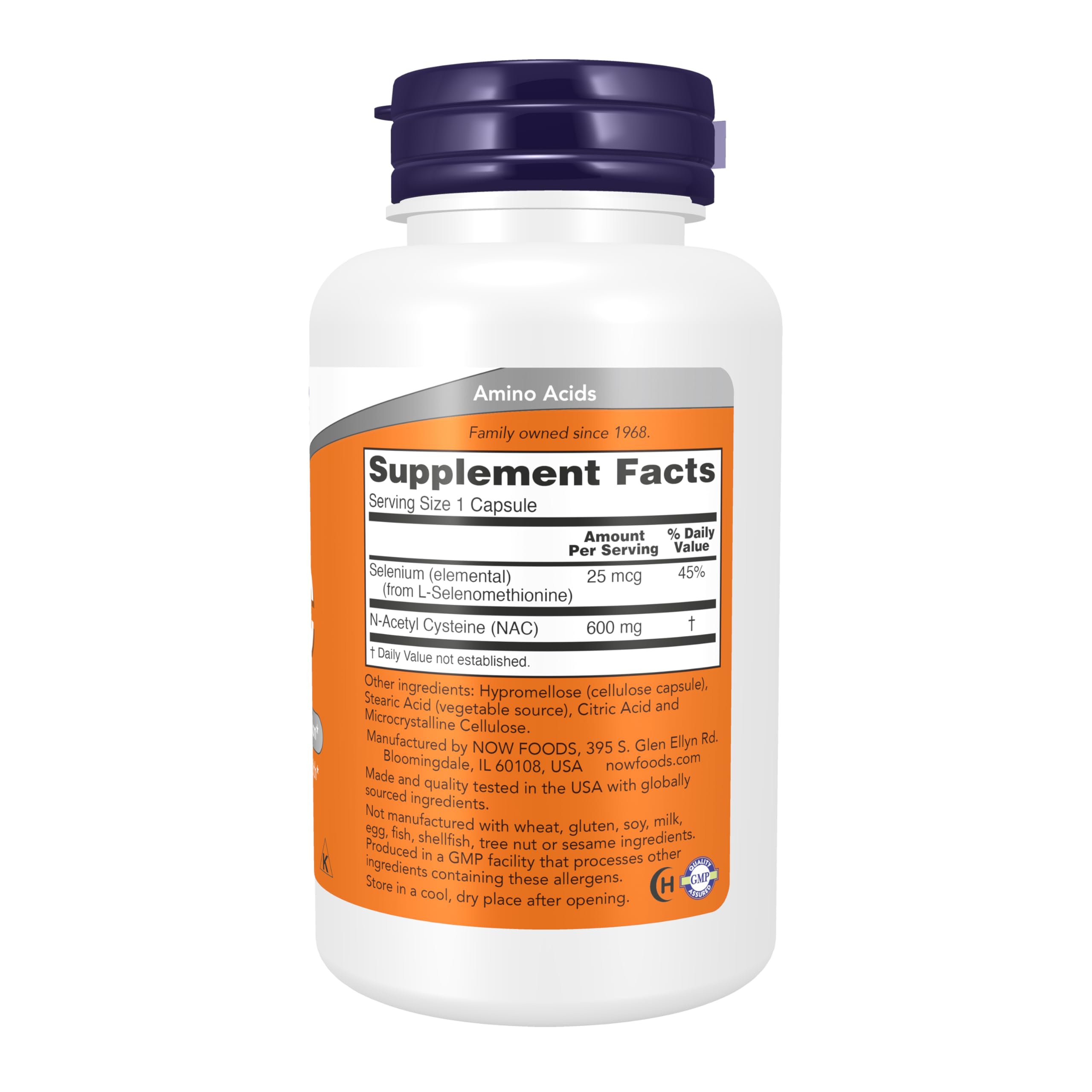 NOW Foods NAC 600 mg supplement bottle featuring nutritional information and serving details