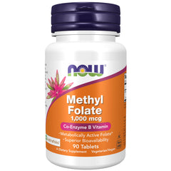 Now Foods methyl folate supplement 1000 mcg Co Enzyme B Vitamin 90 tablets white bottle with orange label