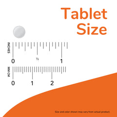 Now Foods methyl folate supplement white round tablet next to inch and mm rulers showing tablet size on orange background
