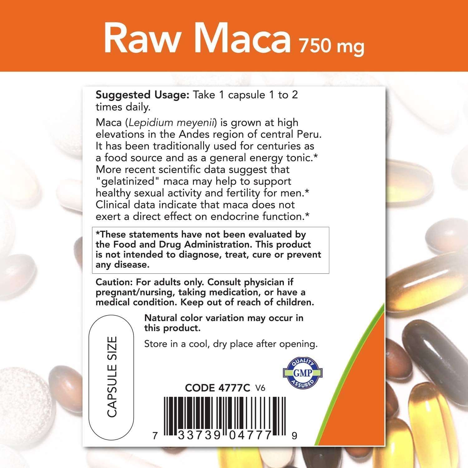 Back label of Raw Maca 750 mg bottle with capsules and barcode showing Now Foods Raw Maca capsules usage info