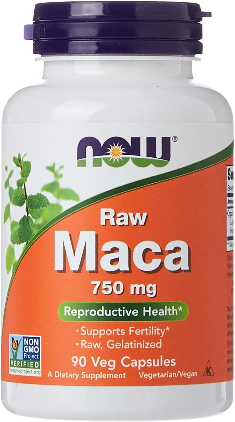 Now Foods Raw Maca capsules 750 mg white bottle with orange label and purple cap 90 veg capsules