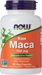 Now Foods Raw Maca capsules 750 mg white bottle with orange label and purple cap 90 veg capsules