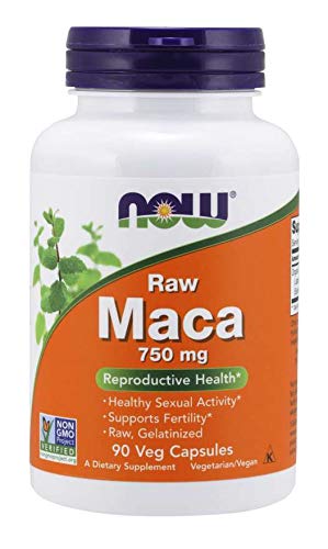 White NOW bottle with purple cap Now Foods Raw Maca capsules 750 mg 90 veg capsules for reproductive health
