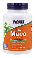 White NOW bottle with purple cap Now Foods Raw Maca capsules 750 mg 90 veg capsules for reproductive health