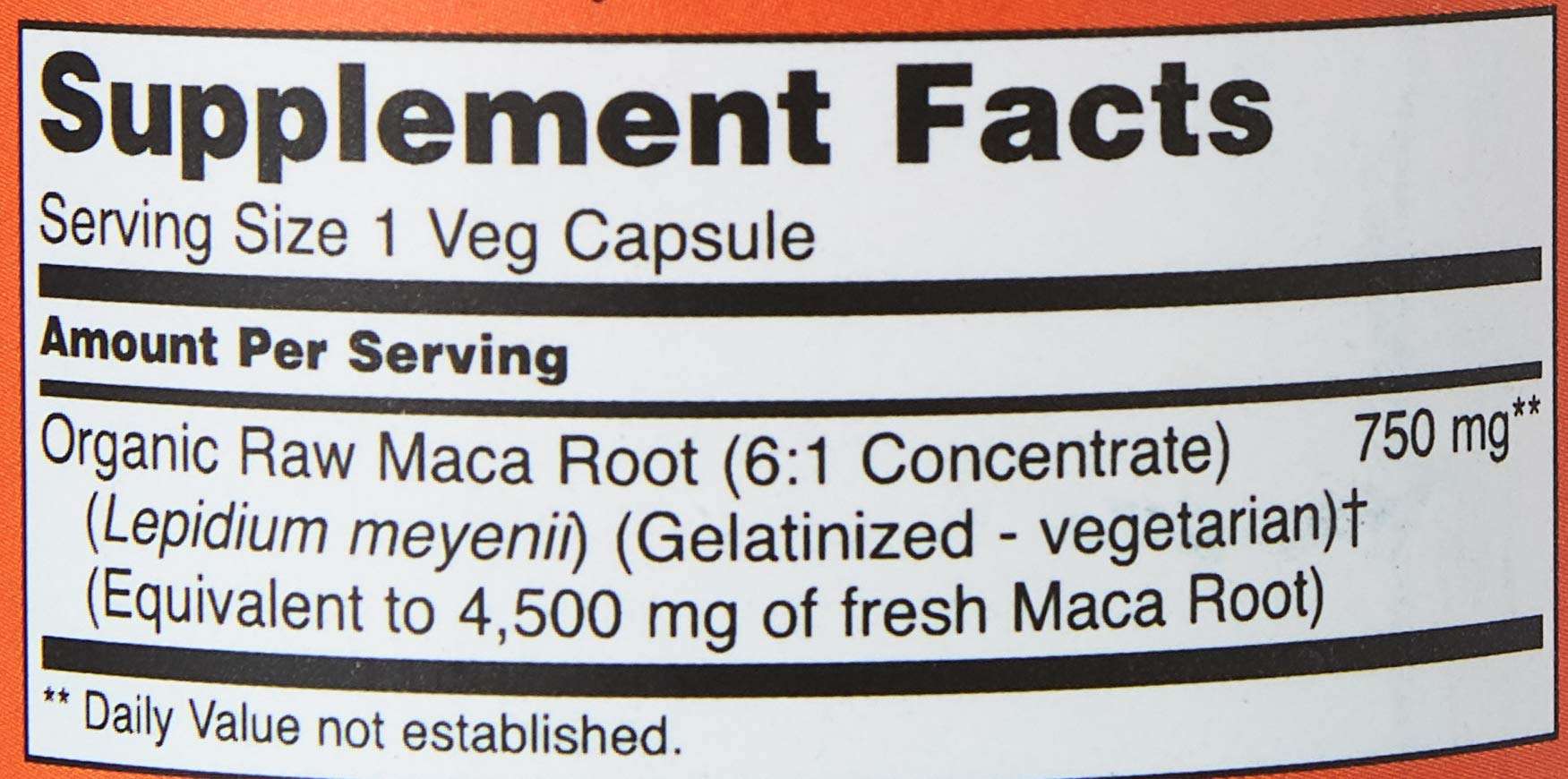 Now Foods Raw Maca capsules label showing Supplement Facts 750 mg organic raw maca root per 1 veg capsule