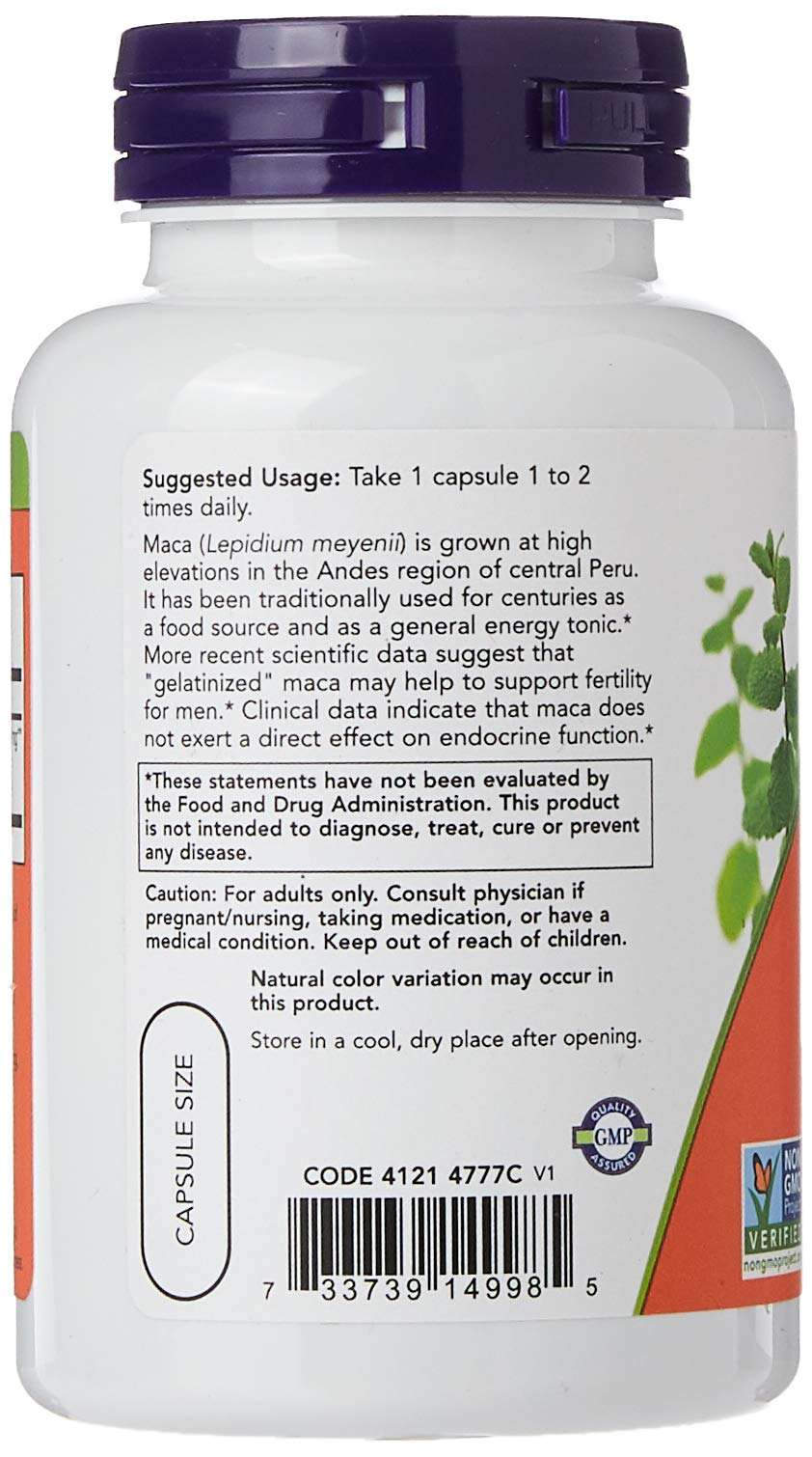 Now Foods Raw Maca capsules white bottle with purple cap showing supplement label and usage directions
