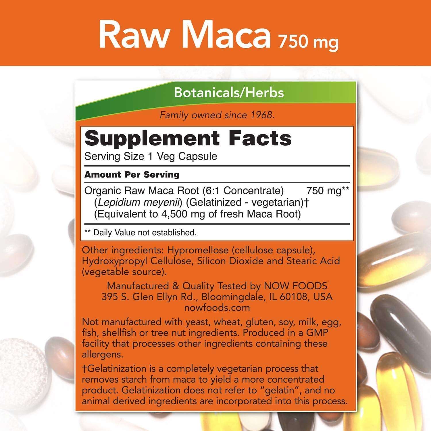 Now Foods Raw Maca capsules supplement label showing 750 mg raw maca Supplement Facts and capsules