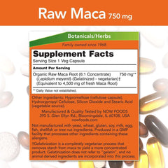 Now Foods Raw Maca capsules supplement label showing 750 mg raw maca Supplement Facts and capsules