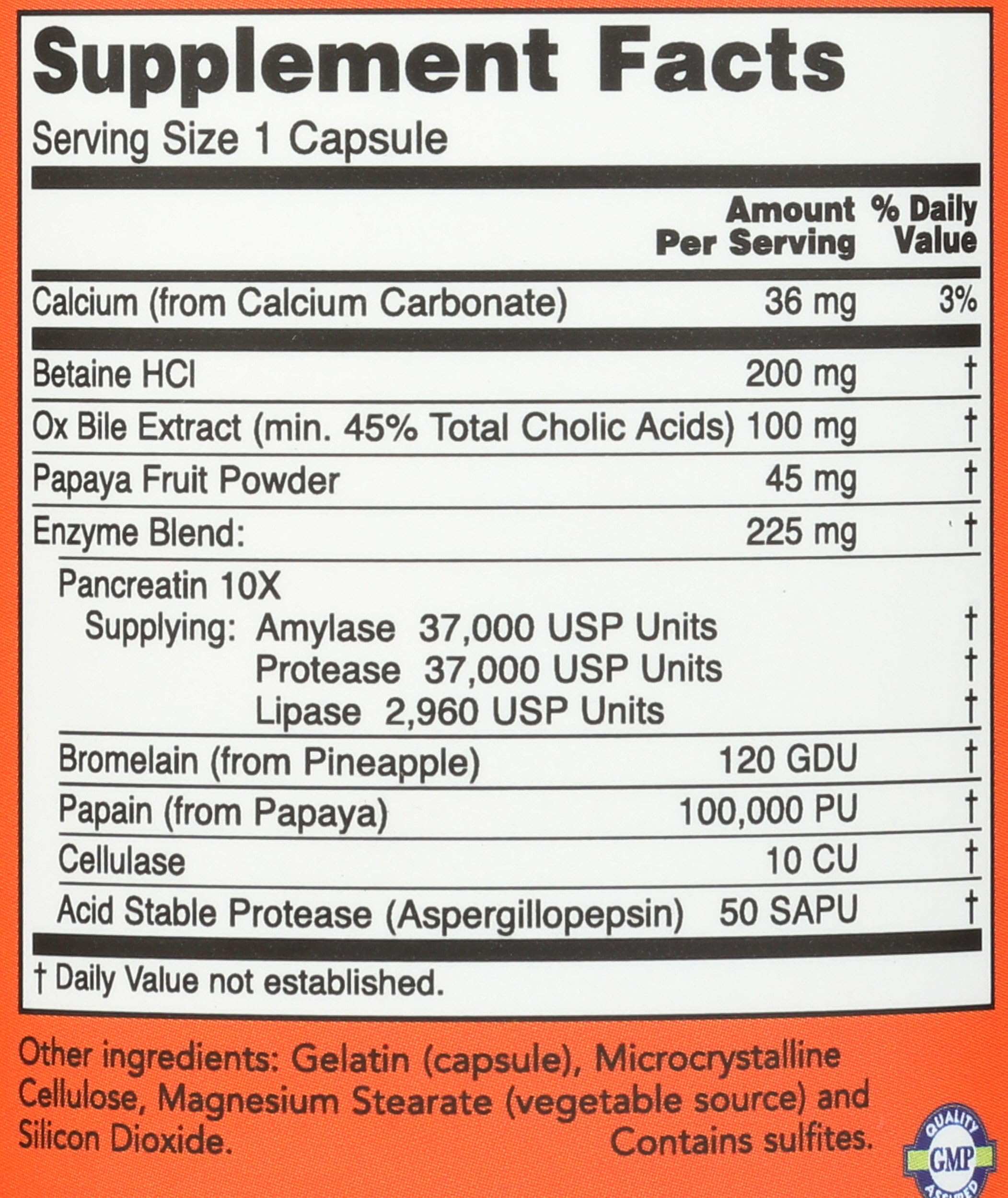 Now Foods Super Enzymes capsules supplement facts label showing enzyme blend amounts and ingredients