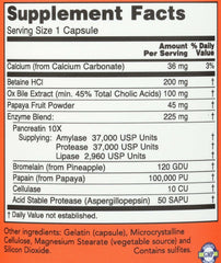 Now Foods Super Enzymes capsules supplement facts label showing enzyme blend amounts and ingredients