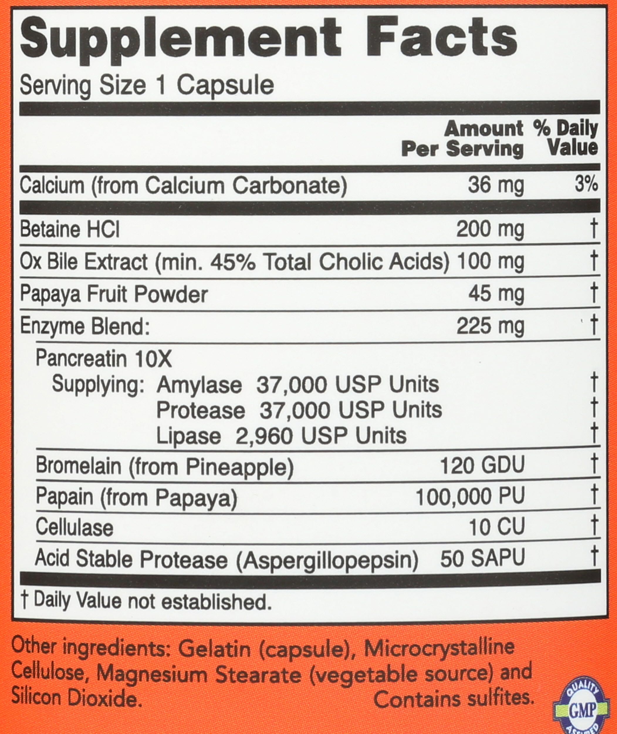 Now Foods Super Enzymes capsules supplement facts label showing enzyme blend amounts and ingredients