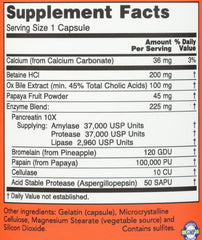 Now Foods Super Enzymes capsules supplement facts label showing enzyme blend amounts and ingredients