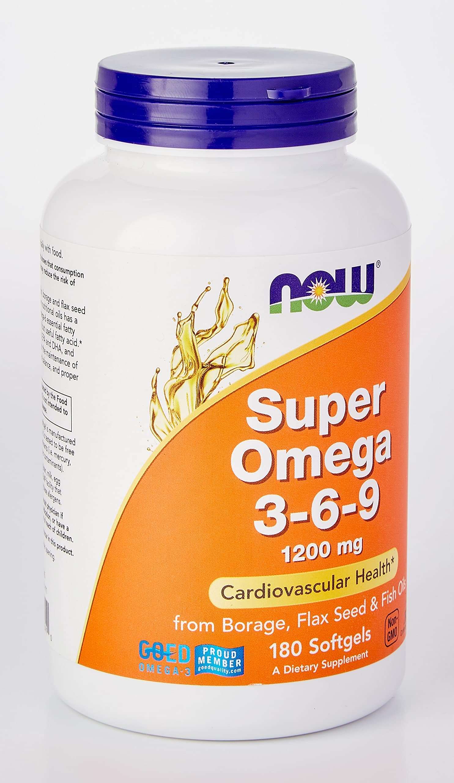 White bottle of Now Foods Super Omega 3-6-9 supplement 1200 mg 180 softgels for cardiovascular health