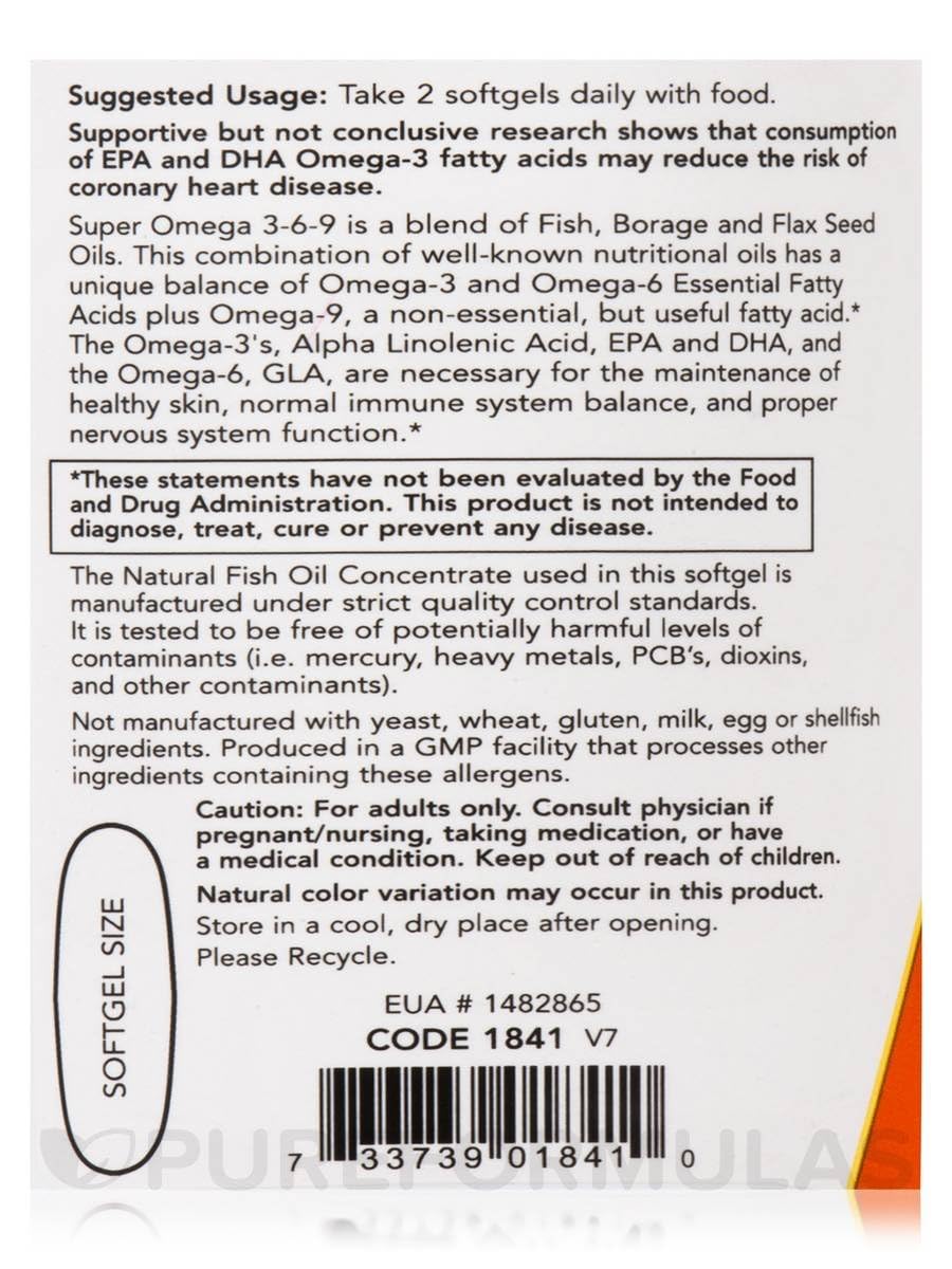 Bottle label showing suggested usage directions ingredients warnings and barcode for Now Foods Super Omega 3-6-9 supplement.