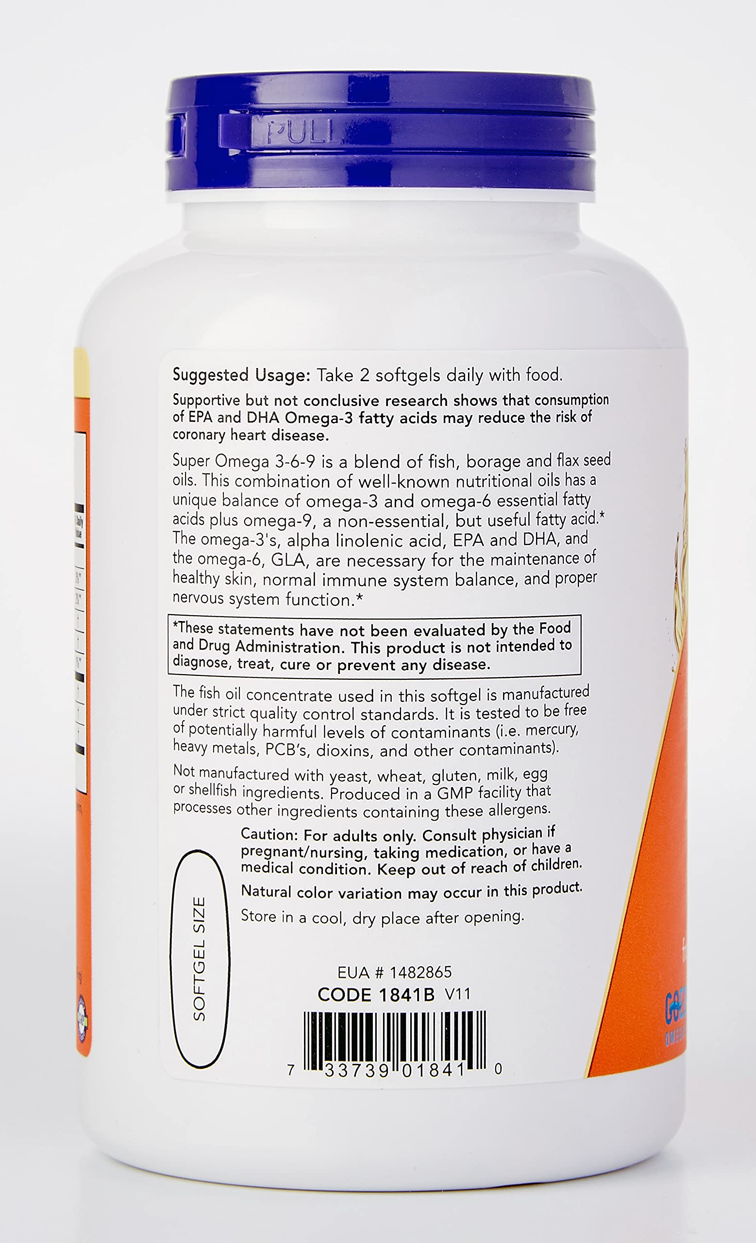 Now Foods Super Omega 3-6-9 supplement white bottle with purple cap showing back label and dosage directions