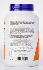 Now Foods Super Omega 3-6-9 supplement white bottle with purple cap showing back label and dosage directions