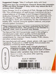 Back label of bottle showing directions and ingredients for Now Foods Super Omega 3-6-9 supplement