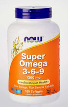 NOW Super Omega 3-6-9 supplement bottle with orange label and blue screw cap