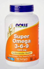 Now Foods Super Omega 3-6-9 supplement 1200 mg 180 softgels white bottle with orange label