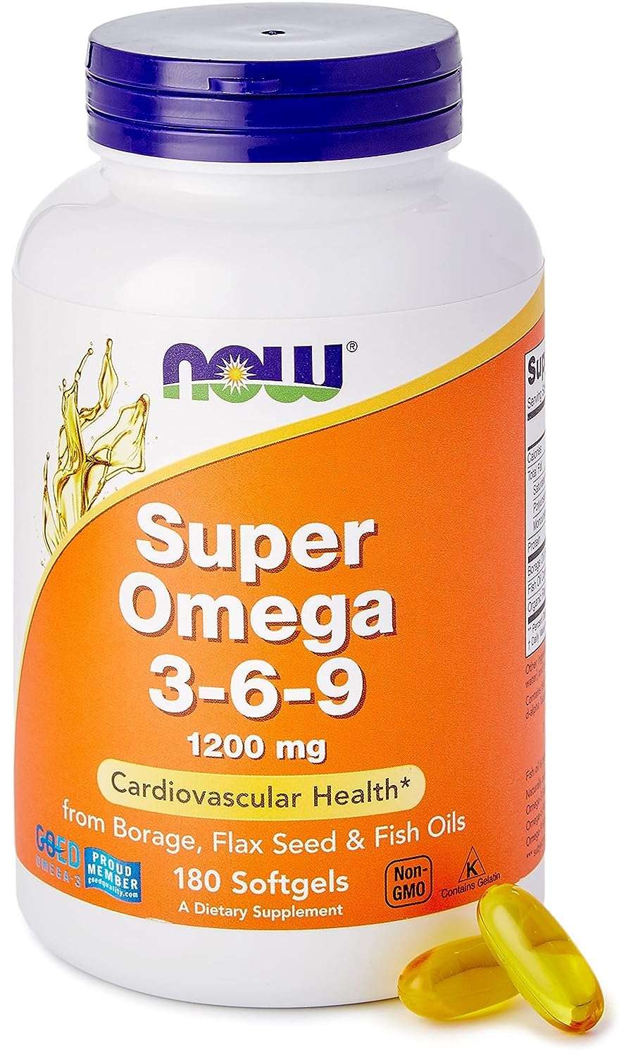 Now Foods Super Omega 3-6-9 supplement 180 softgels bottle with orange label purple cap and two yellow softgels