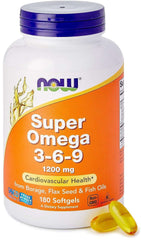 Now Foods Super Omega 3-6-9 supplement 180 softgels bottle with orange label purple cap and two yellow softgels