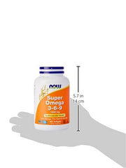 Now Foods Super Omega 3-6-9 supplement. White 1200 mg 180 softgels bottle with orange label held over palm